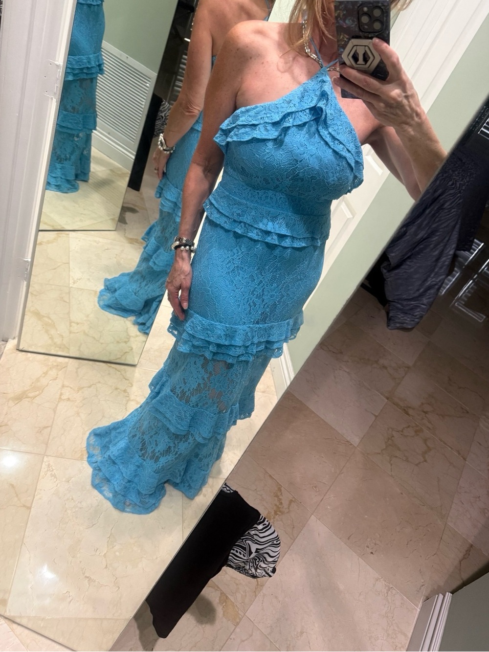 AFRM Sky Blue One-Shoulder Lace Ruffle Midi Dress